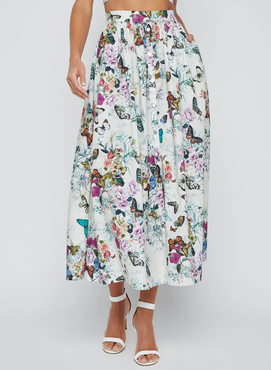 Discount - Seina Midi Skirt - White Multi Chardonda Butterfly Long Skirts