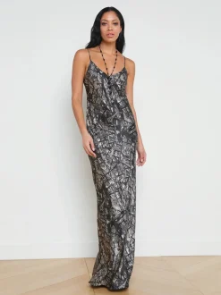 Best L’agence - Serita Silk Slip Dress - Black/Ecru Map of Paris Dresses | Long Dresses