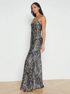 Best L’agence - Serita Silk Slip Dress - Black/Ecru Map of Paris Dresses | Long Dresses