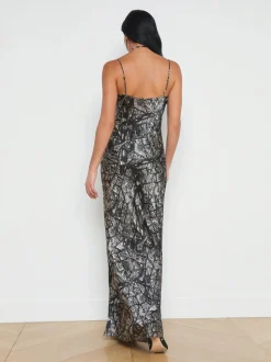 Best L’agence - Serita Silk Slip Dress - Black/Ecru Map of Paris Dresses | Long Dresses