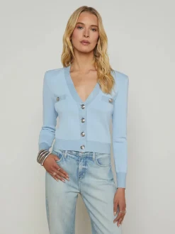 Clearance - Taya V-Neck Cardigan - Blue Fog Lurex/Nickel Sweaters & Knits