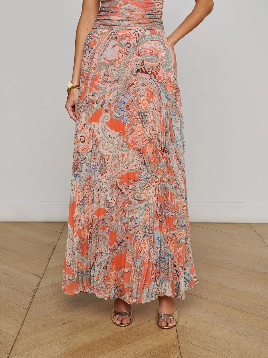 New - Torin Pleated Maxi Skirt - Orange/Light Blue Traditional Paisley Long Skirts
