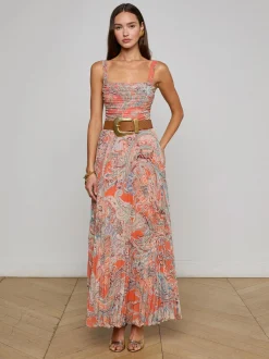 New - Torin Pleated Maxi Skirt - Orange/Light Blue Traditional Paisley Long Skirts
