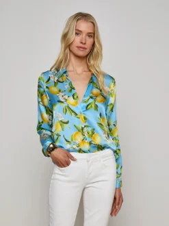 New - Tyler Silk Blouse - Sky Blue/Yellow Floral Lemon Blouses