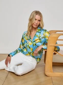 New - Tyler Silk Blouse - Sky Blue/Yellow Floral Lemon Blouses