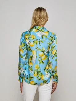 New - Tyler Silk Blouse - Sky Blue/Yellow Floral Lemon Blouses