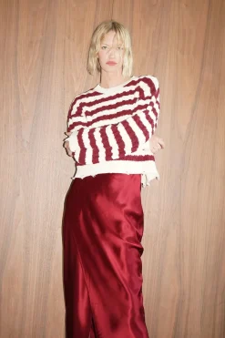 Sale - Devi Distressed Cable Knit Sweater - Ivory Burgundy Stripe Sweaters & Knits