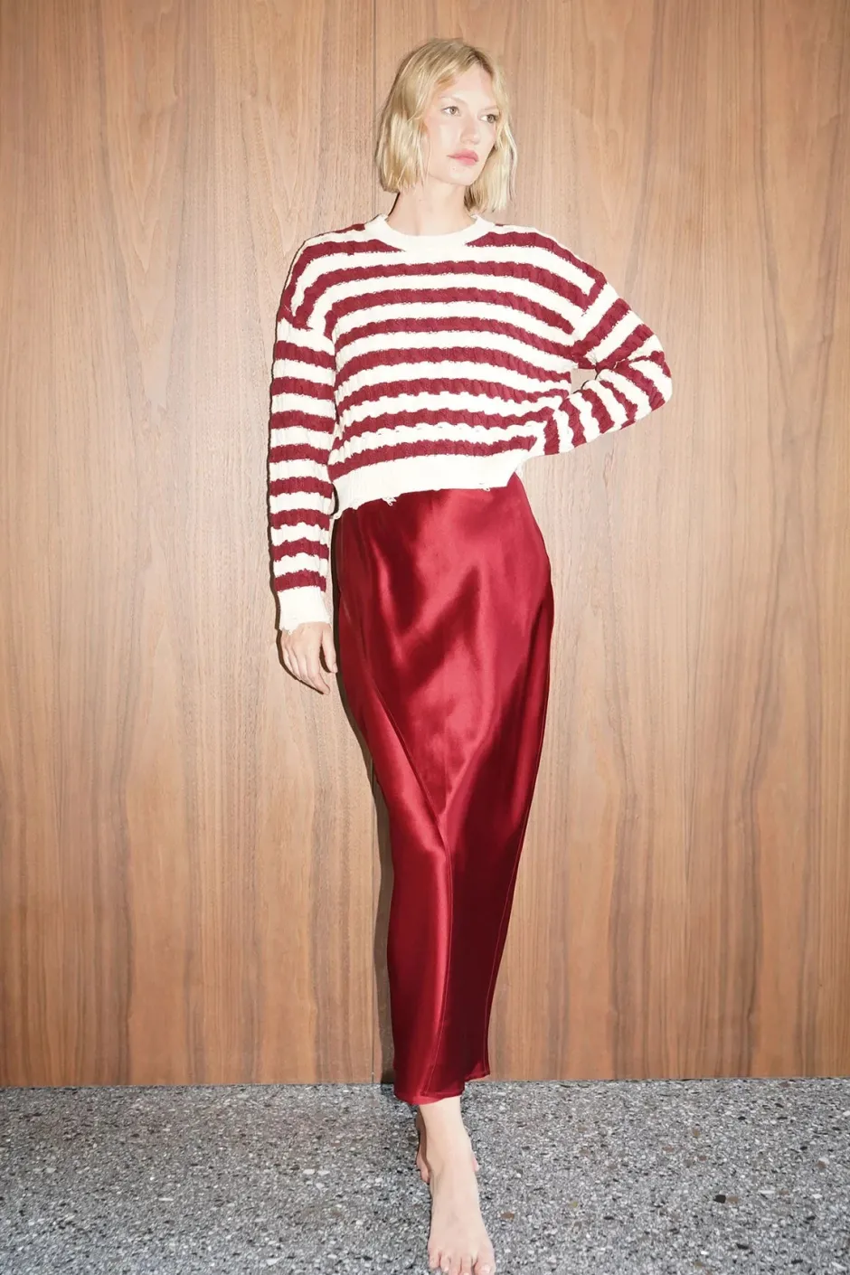 Sale - Devi Distressed Cable Knit Sweater - Ivory Burgundy Stripe Sweaters & Knits