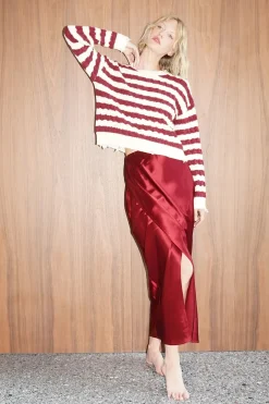 Sale - Devi Distressed Cable Knit Sweater - Ivory Burgundy Stripe Sweaters & Knits