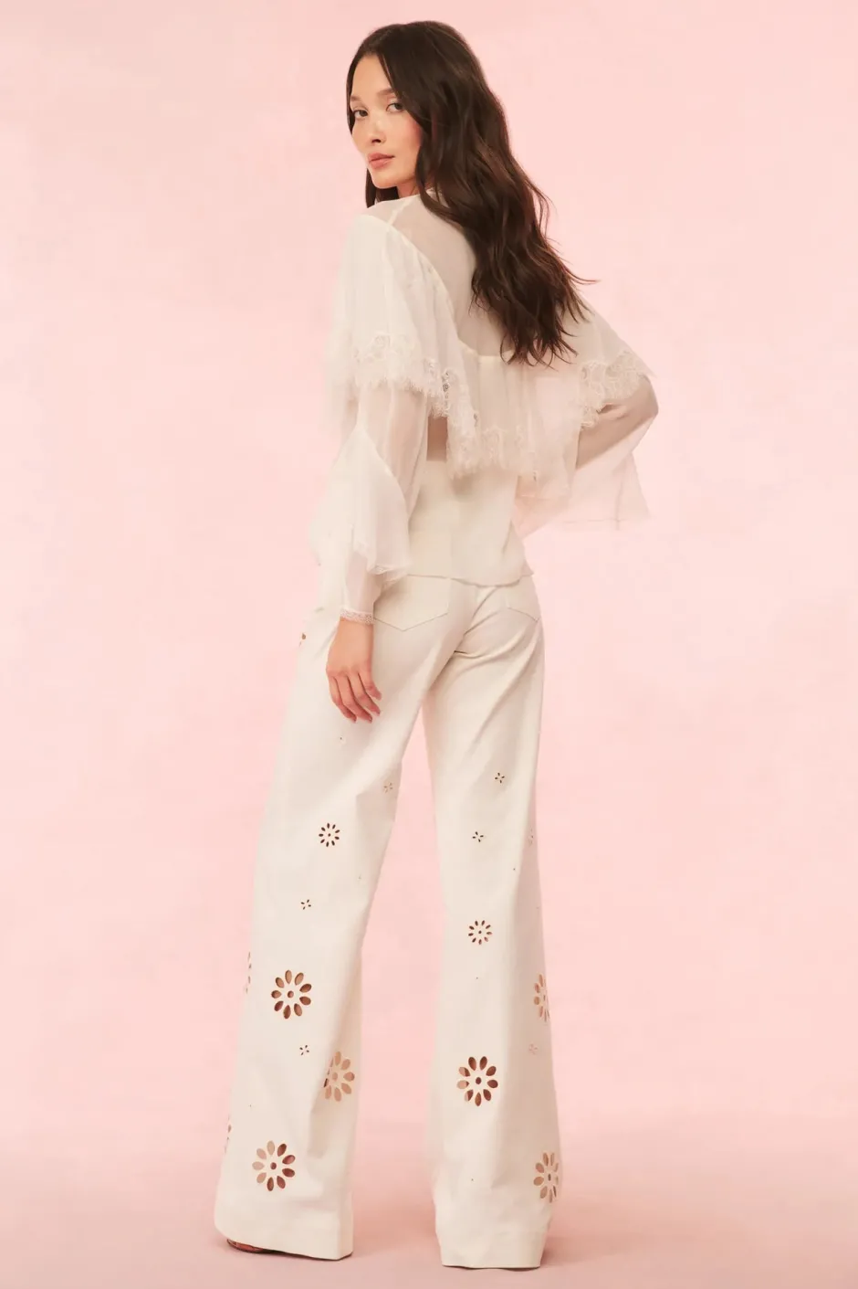 New - Carolette Eyelet Wide-Leg Pants - Optic White Pants