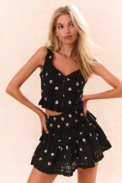 Outlet - Galette Embroidered Floral Top - Black Combo Crop Tops