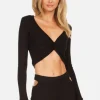 Hot - Jory L/S Front Twist Top - Black Crop Tops