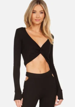 Hot - Jory L/S Front Twist Top - Black Crop Tops