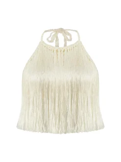 Discount - Angelica Fringed Halter Top - Snow white Crop Tops