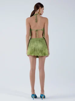 Sale - Angelica Fringed Halter Top - Antique Moss Crop Tops
