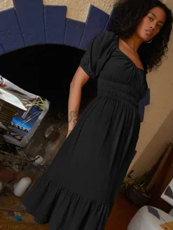 Fashion - Fabia Shirred Midi Dress - Jet Black Dresses | Midi