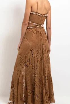 Outlet - Beaded Seashell Cut Out Maxi Dress - Almond Dresses | Long Dresses