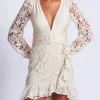 Fashion - Crochet Plunge Mini Dress - White Mini Dresses | Dresses