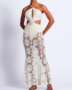 Online - Embroidered Crochet Halterneck Dress - Wheat Dresses | Long Dresses