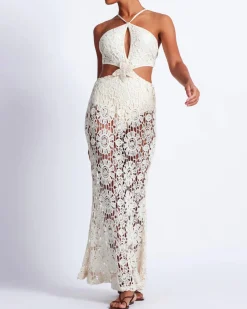 Online - Embroidered Crochet Halterneck Dress - Wheat Dresses | Long Dresses