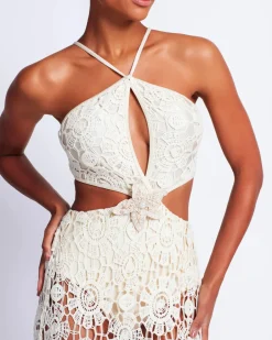 Online - Embroidered Crochet Halterneck Dress - Wheat Dresses | Long Dresses
