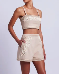 Online - Embroidered Linen Top - Sand Crop Tops