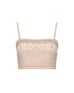 Online - Embroidered Linen Top - Sand Crop Tops