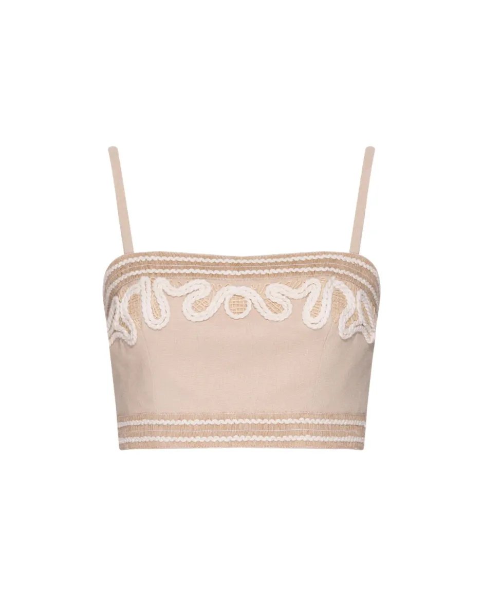 Online - Embroidered Linen Top - Sand Crop Tops