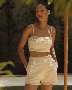Online - Embroidered Linen Top - Sand Crop Tops