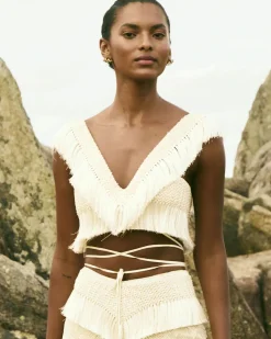 Fashion - Fringe Trim Cropped Top - Bone Crop Tops