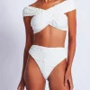 Clearance - Jacquard High Leg Bikini Bottom - White Bikini