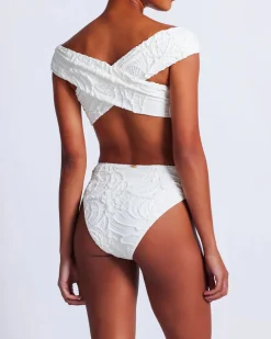 Clearance - Jacquard High Leg Bikini Bottom - White Bikini