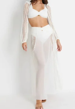Hot - Lace Sleeve Lycra Top - White Crop Tops