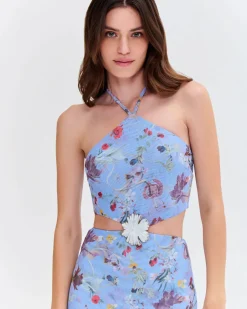 Clearance - Lily Flower Halterneck Dress - Blue Midi | Midi Dresses