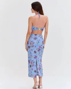 Clearance - Lily Flower Halterneck Dress - Blue Midi | Midi Dresses