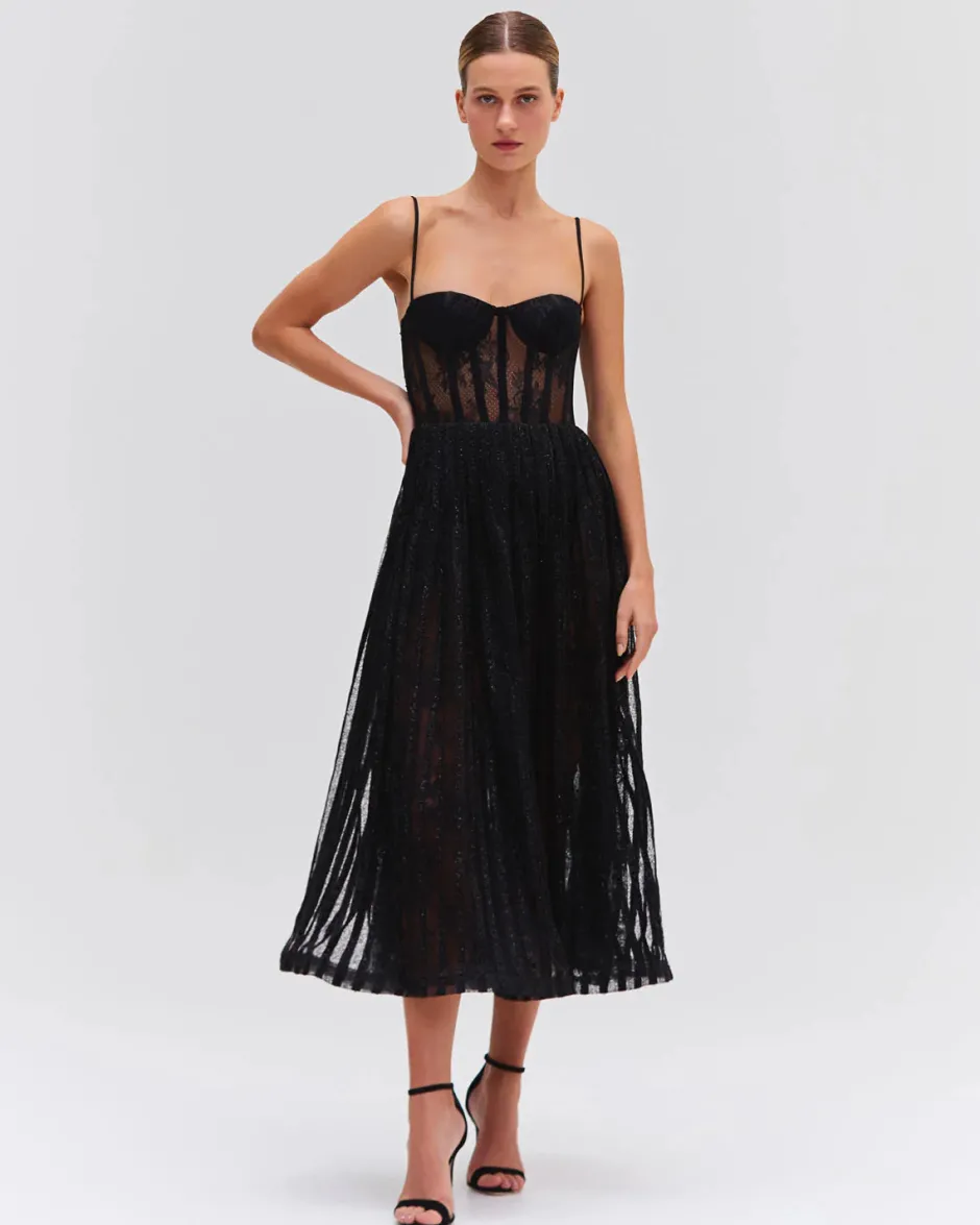 Discount - Lurex Tulle Bustier Midi Dress - Black Dresses | Long Dresses
