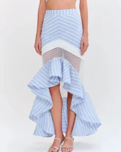 Clearance - Marine Linen Midi Skirt - Blue Long Skirts