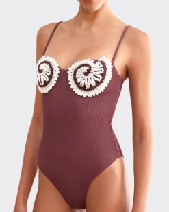 Discount - Merian Knit Embroidered Swimsuit - Brown One Piece