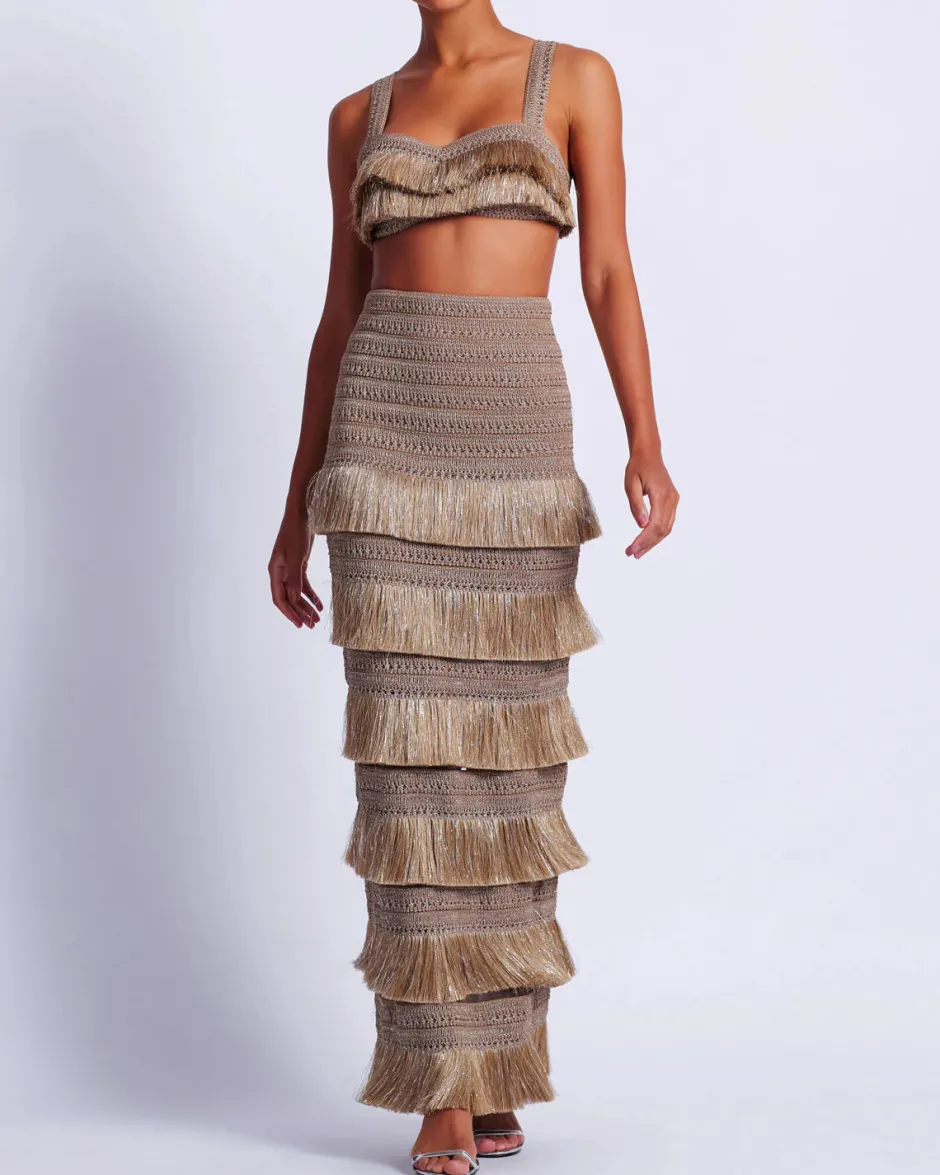 Discount - Metallic Fringe Maxi Skirt - Gold Long Skirts