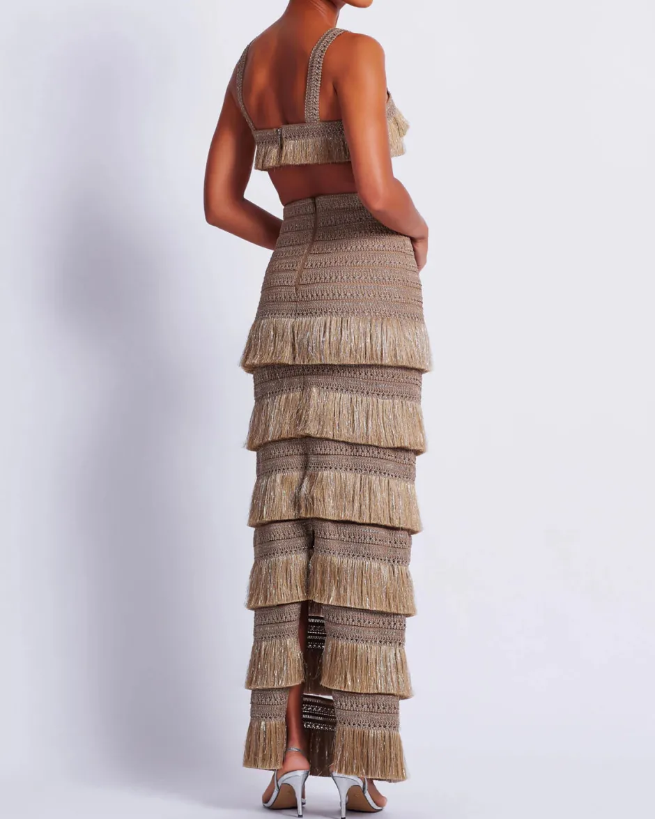 Discount - Metallic Fringe Maxi Skirt - Gold Long Skirts