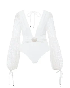 Sale - Plunge Long Sleeve Swimsuit - White One Piece