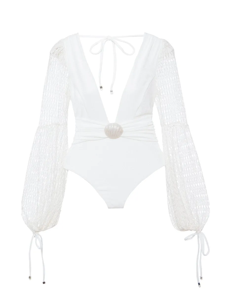 Sale - Plunge Long Sleeve Swimsuit - White One Piece