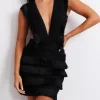 Fashion - Plunging Fringe Mini Dress - Black Dresses | Mini Dresses