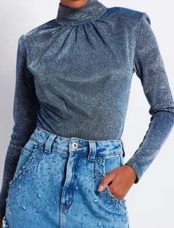 Online - Stardust Mock Neck Bodysuit - Silver Bodysuits