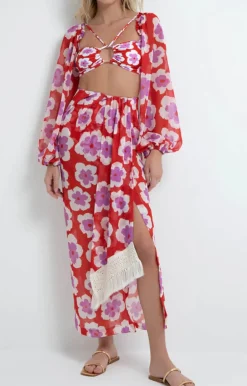 Best - Windflower Fringe Trim Beach Skirt - Cherry Coverups | Long Skirts