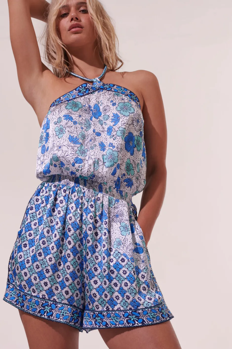 Sale - Short Jumpsuit Isabelle - White Green Diagonal Batik Pants Jumpsuits | Rompers