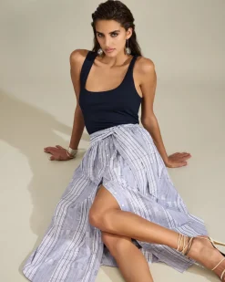 Sale - Aralyn Poplin Combo Sleeveless Midi Dress - Navy Patchwork Midi | Midi Dresses