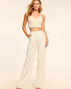 Best - Carly Pleated Linen Pant - White Floral Pants