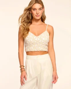 Outlet - Gabi Linen Embellished Crop Top - White Floral Crop Tops