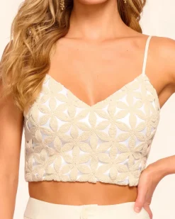 Outlet - Gabi Linen Embellished Crop Top - White Floral Crop Tops